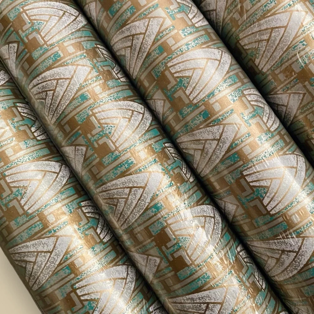 NOS NEW 2 Rolls Wallpaper Art Deco Aqua & Gold DOUBLE ROLLS